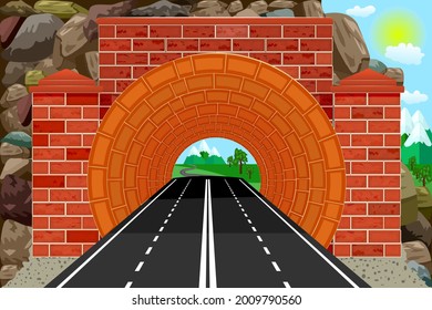 Tunnel with highway and mountains at the exit of way. Speedway tunnel road. Mountain landscape with entrance to the arched freeway tunnel. Underground motorway. Stock vector illustration