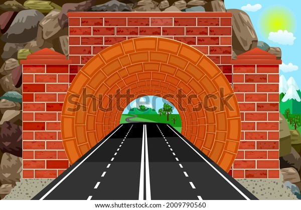 Tunnel with highway and mountains at the\
exit of way. Speedway tunnel road. Mountain landscape with entrance\
to the arched freeway tunnel. Underground motorway. Stock vector\
illustration