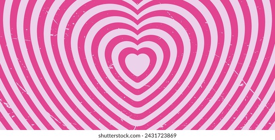 Tunnel of hypnotic pink heart shape. Retro psychedelic wallpaper,  with vintage textured effect. Vector illustration