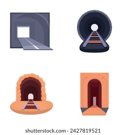 Tunnel icons set cartoon vector. Interior of walkway tunnel road. Infrastructure concept