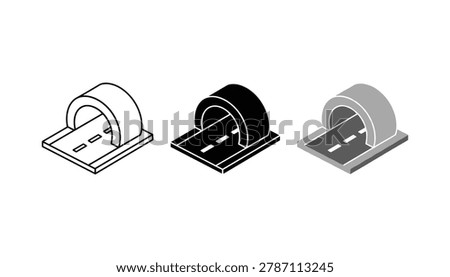 Tunnel icons set featuring road entry in outline solid and grey color isometric flat design styles for transportation infrastructure construction and urban planning graphic elements
