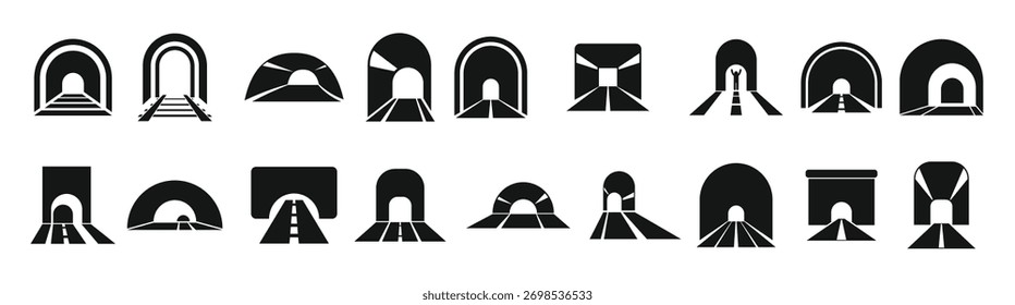 Ícones de túnel definem um vetor simples. Via férrea. Arco de metrô
