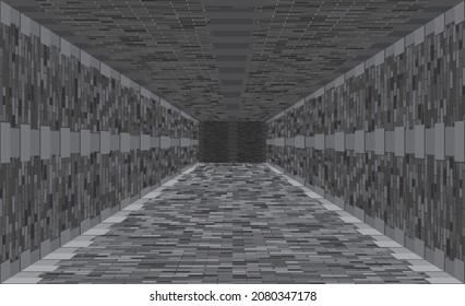 Tunnel lined with gray tiles. Digital wireframe tunnel. 3D corridor. Background abstract vector image