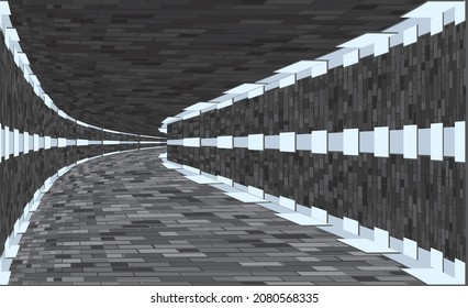 Tunnel lined with gray tiles. Digital wireframe tunnel. 3D corridor. Background abstract vector image