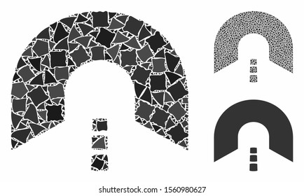 Tunnel mosaic of raggy elements in different sizes and shades, based on tunnel icon. Vector rugged elements are combined into collage. Tunnel icons collage with dotted pattern.
