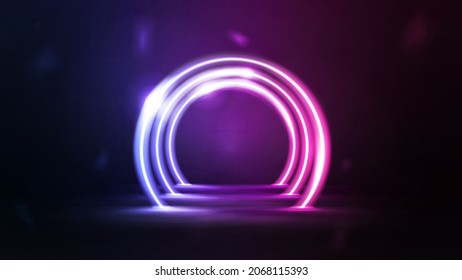 Tunnel of neon pink and blue round frames in dark scene