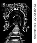 A tunnel in an old thick wall with a railroad. Vector illustration as a white sketch on a black background. For prints in an old vintage style.