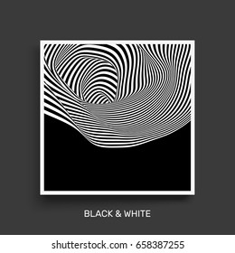 Tunnel. Optical illusion. Black and white abstract striped background. Cover design template. 3D vector illustration.