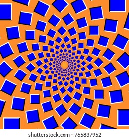 Tunnel optical illusion formed with perceived motion of blue squares on an orange background