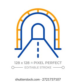 Ícone de linha de duas cores perfeito para pixel de túnel. Passagem subterrânea na estrada. Organização de tráfego. Símbolo do contorno bicolor da infraestrutura rodoviária. Pictograma linear duotônico. Ilustração isolada. Traçado editável