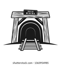 Tunnel with railway or entrance in mine shaft vector object, design element in vintage monochrome style isolated on white background