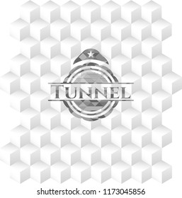 Tunnel realistic grey emblem with geometric cube white background