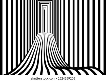 Tunnel or road to infinity. Geometric Black and White Abstract Hypnotic Worm-Hole. Opt Art picture. Optical Illusion. Vector illustration