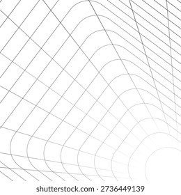 Tunnel with rounded corners receding into distance. Moving energetic grid structure of fine lines. Simple black and white dynamic vector background