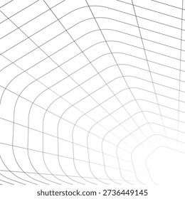 Tunnel with rounded corners receding into distance. Moving energetic grid structure of fine lines. Simple black and white dynamic vector background
