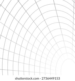 Tunnel with rounded corners receding into distance. Moving energetic grid structure of fine lines. Simple black and white dynamic vector background