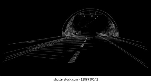 Tunnel sketch isolated on black background, drawing monochrome vector illustration, eps 10