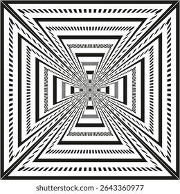 Tunnel square illusion. Depth perspective icon. Bold vector pattern. Black white symmetry.