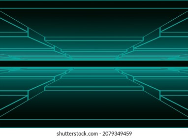 Tunnel with stepped floor and ceiling and with green neon lighting. Vector illustration 
