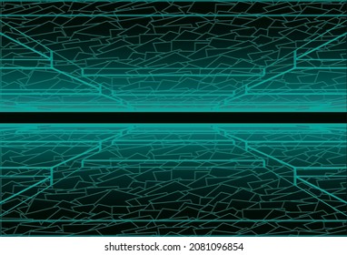 Tunnel with stepped floor and ceiling and with green neon lighting. Vector illustration 