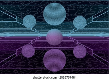 Tunnel with stepped floor and ceiling with neon lighting. Vector illustration 