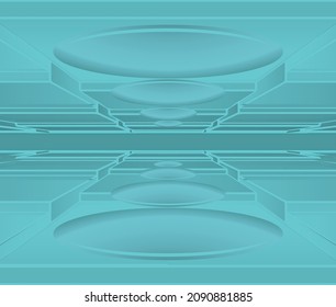 Túnel con suelo y techo escalonados y con iluminación de neón turquesa. Ilustración del vector 