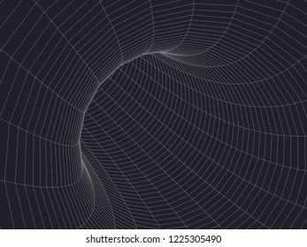Tunnel or wormhole. 3D tunnel grid. Wireframe tunnel. Vector illustration.