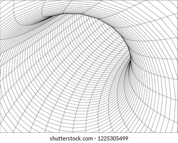 Tunnel or wormhole. 3D tunnel grid. Wireframe tunnel. Vector illustration.