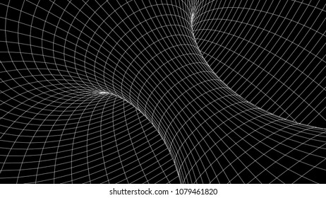 Tunnel or wormhole. Abstract Wormhole Science. 3D tunnel grid.Wireframe 3D surface tunnel.Grid texture