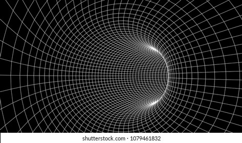 Tunnel or wormhole. Abstract Wormhole Science. 3D tunnel grid.Wireframe 3D surface tunnel.Grid texture