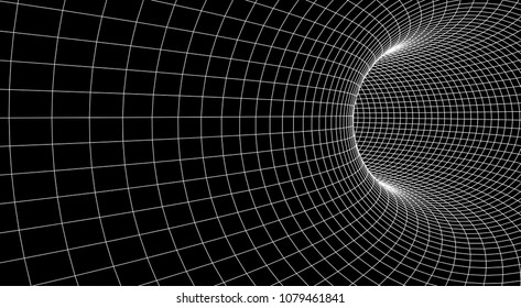 Tunnel or wormhole. Abstract Wormhole Science. 3D tunnel grid.Wireframe 3D surface tunnel.Grid texture