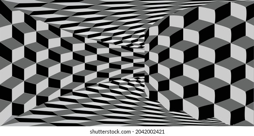 Tunnel or wormhole. Checkered wireframe tunnel. 3D  grid. Background abstract vector image