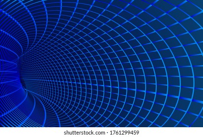Tunnel or wormhole. Digital wireframe tunnel. 3D tunnel grid. Background abstract vector image