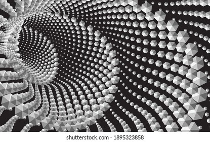 Tunnel or wormhole. Digital wireframe tunnel. 3D tunnel grid. Background abstract vector image
