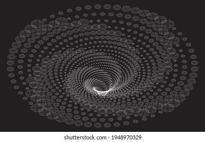 Tunnel or wormhole. Digital wireframe tunnel. 3D tunnel grid. Background abstract vector image