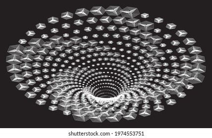 Tunnel or wormhole. Digital wireframe tunnel. 3D tunnel grid. Background abstract vector image