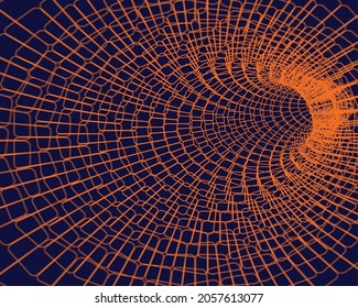 Tunnel or wormhole. Digital wireframe tunnel. 3D tunnel grid. Background abstract vector image