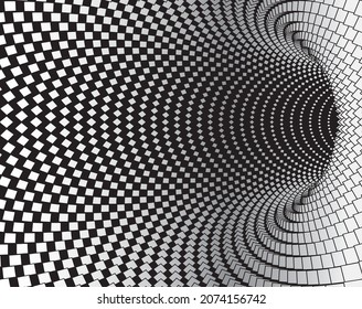 Tunnel or wormhole. Digital wireframe tunnel. 3D tunnel grid. Background abstract vector image