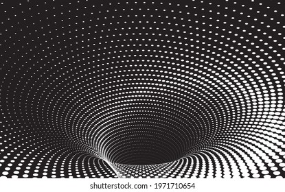 Tunnel or wormhole. Optical illusion. Digital wireframe tunnel. 3D tunnel grid. Background abstract vector image