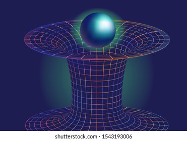 Tunnel or wormhole over curved spacetime. Futuristic synthwave style illustration in bright neon color tones.
