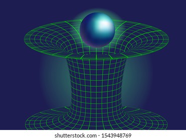 Tunnel or wormhole over curved spacetime. Futuristic vaporwave and synthwave style illustration in bright neon color tones.