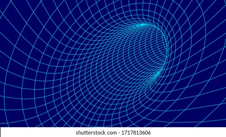 Tunnel or wormhole. Wireframe 3D surface tunnel grid.