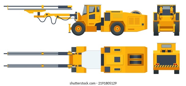 Tunneling drilling rigs, self-propelled drilling rigs. Bucket-wheel excavator, heavy equipment used in surface mining. Mining quarry, mine. View front, rear, side and top.