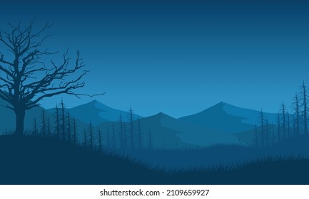 tunning mountain view with dry tree silhouettes all around