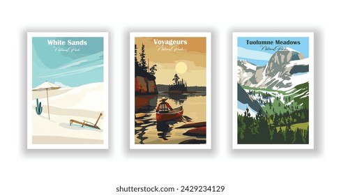 Tuolumne Meadows, National Park. Voyageurs, National Park. White Sands, National Park - Vintage travel poster. Vector illustration. High quality prints svg
