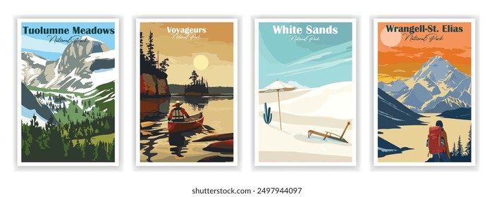 Tuolumne Meadows, Voyageurs, White Sands, Wrangell-St. Elias, National Park, Vintage Travel Posters Set, Abstract Travel, Vector illustration