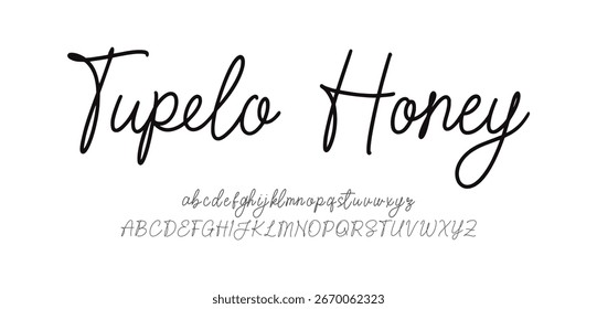Tupelo Miel, Alfabeto de Vector dibujado a mano. Fuente de script de firma monoline moderna. Elegante fuente de firma. Mejor alfabeto Hermosa caligrafía Signature letras de fuente
