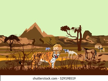 Turan Tiger and kazakh nomads aul vector illustration. Kazakhatan countryside natural view.