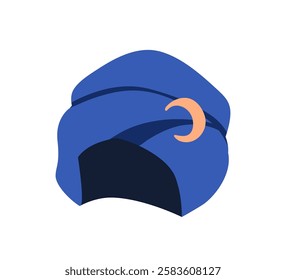 Turban with crescent brooch. Traditional fairy Middle Eastern headwear. Arab style hat. Arabian wrapped head accessory with magic moon decoration. Flat vector illustration isolated on white background