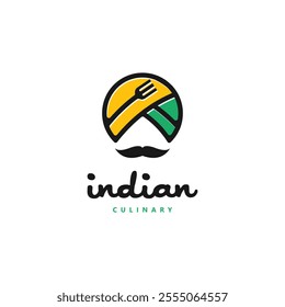 Turban Fork Mustache India Indian Food Culinary logo design modern concept